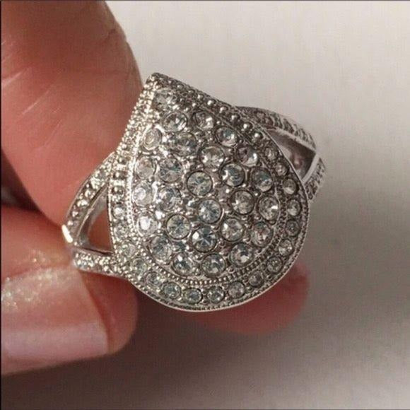 New Genuine Diamond & Crystal Teardrop Ring Silver Size 5