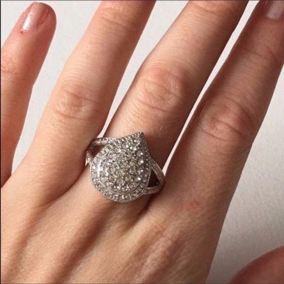 New Genuine Diamond & Crystal Teardrop Ring Silver Size 5