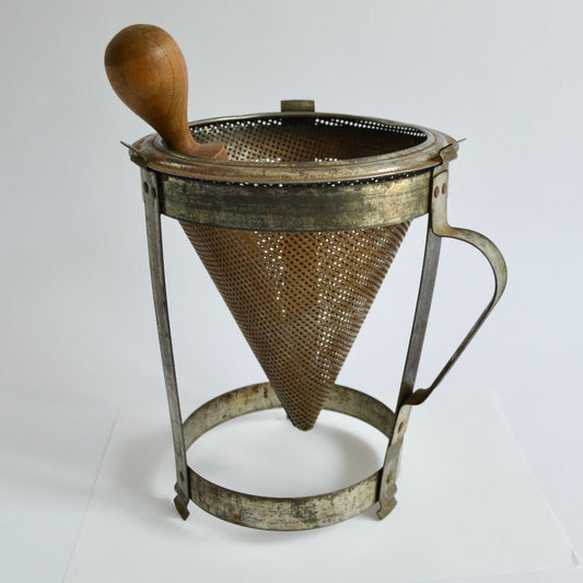 Vintage Primitive Metal Colander Sieve Strainer with Wooden Pestle and Stand