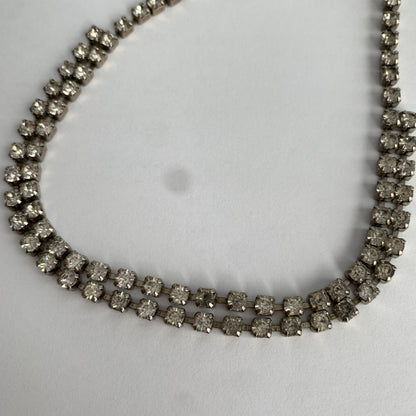 Vintage Rhinestone Double Collar Necklace Choker Silver