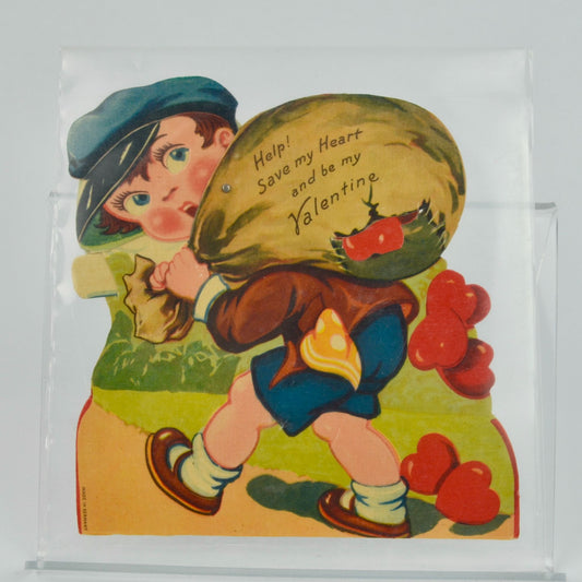 Vintage Die-Cut Valentine Card Boy Carrying Sack Of Hearts Articulating Germany