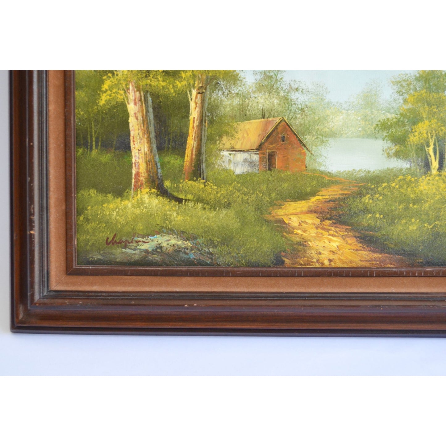 Vintage Handpainted Rustic Woodsy Cabin House Road Trail Lake Oil Painting Signed