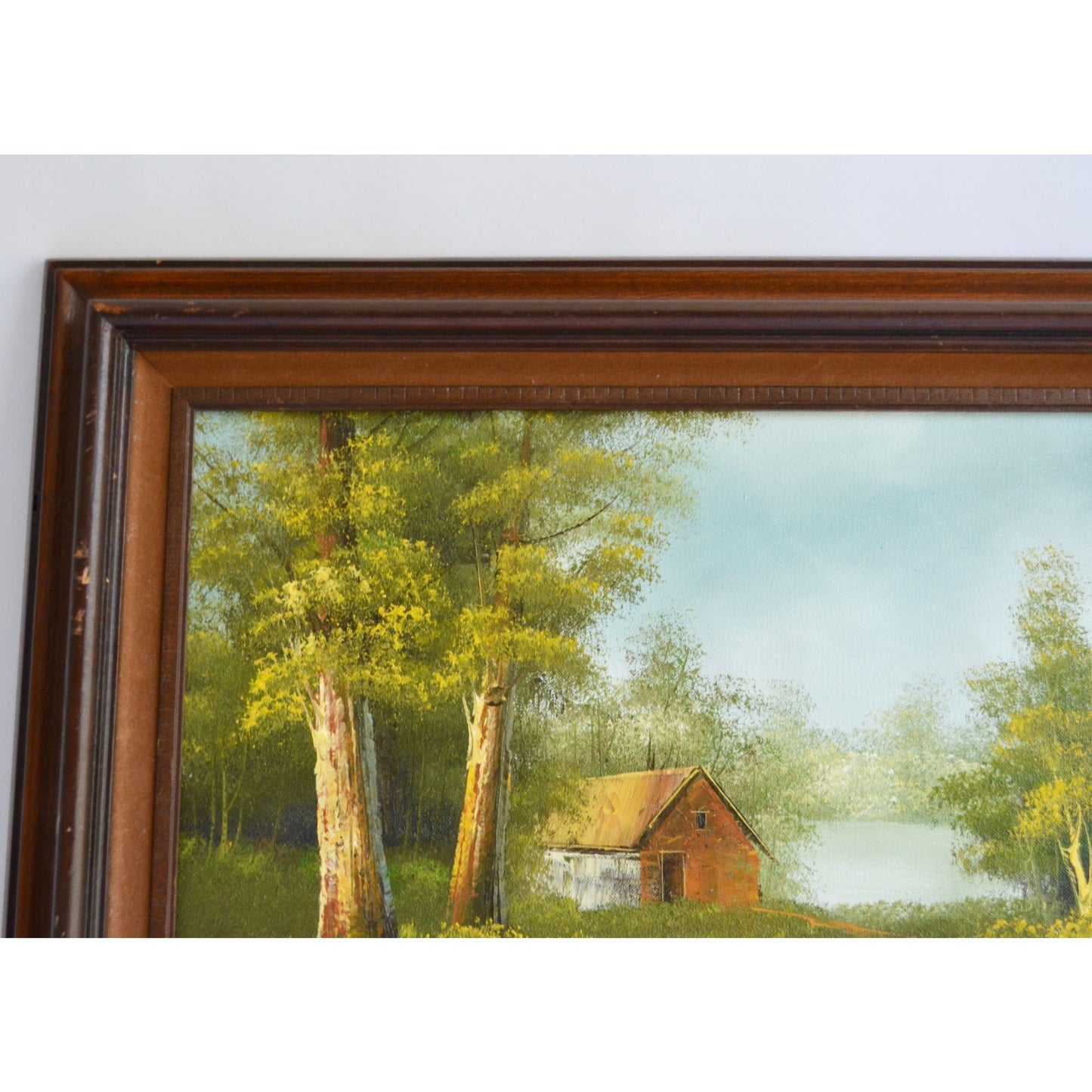 Vintage Handpainted Rustic Woodsy Cabin House Road Trail Lake Oil Painting Signed