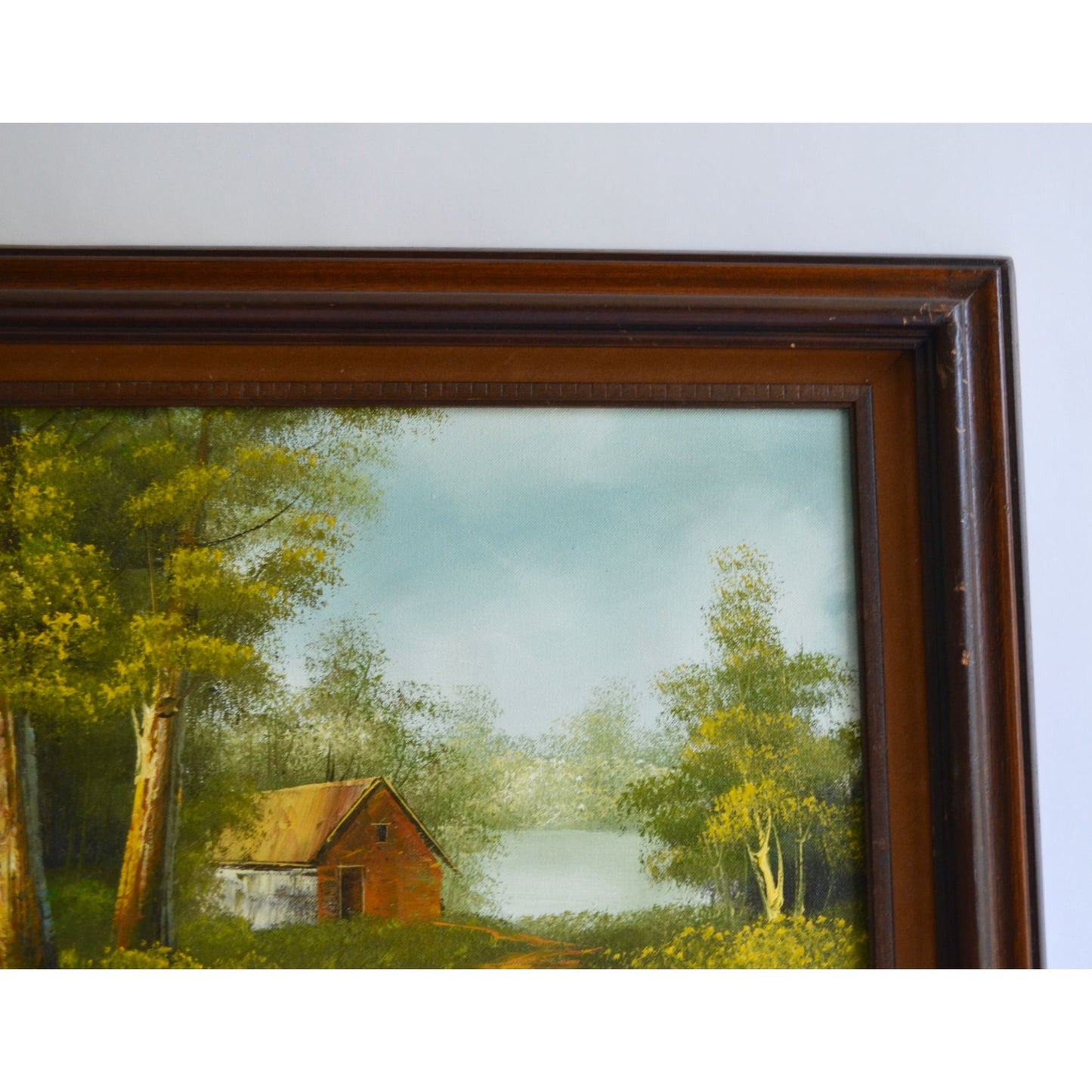 Vintage Handpainted Rustic Woodsy Cabin House Road Trail Lake Oil Painting Signed
