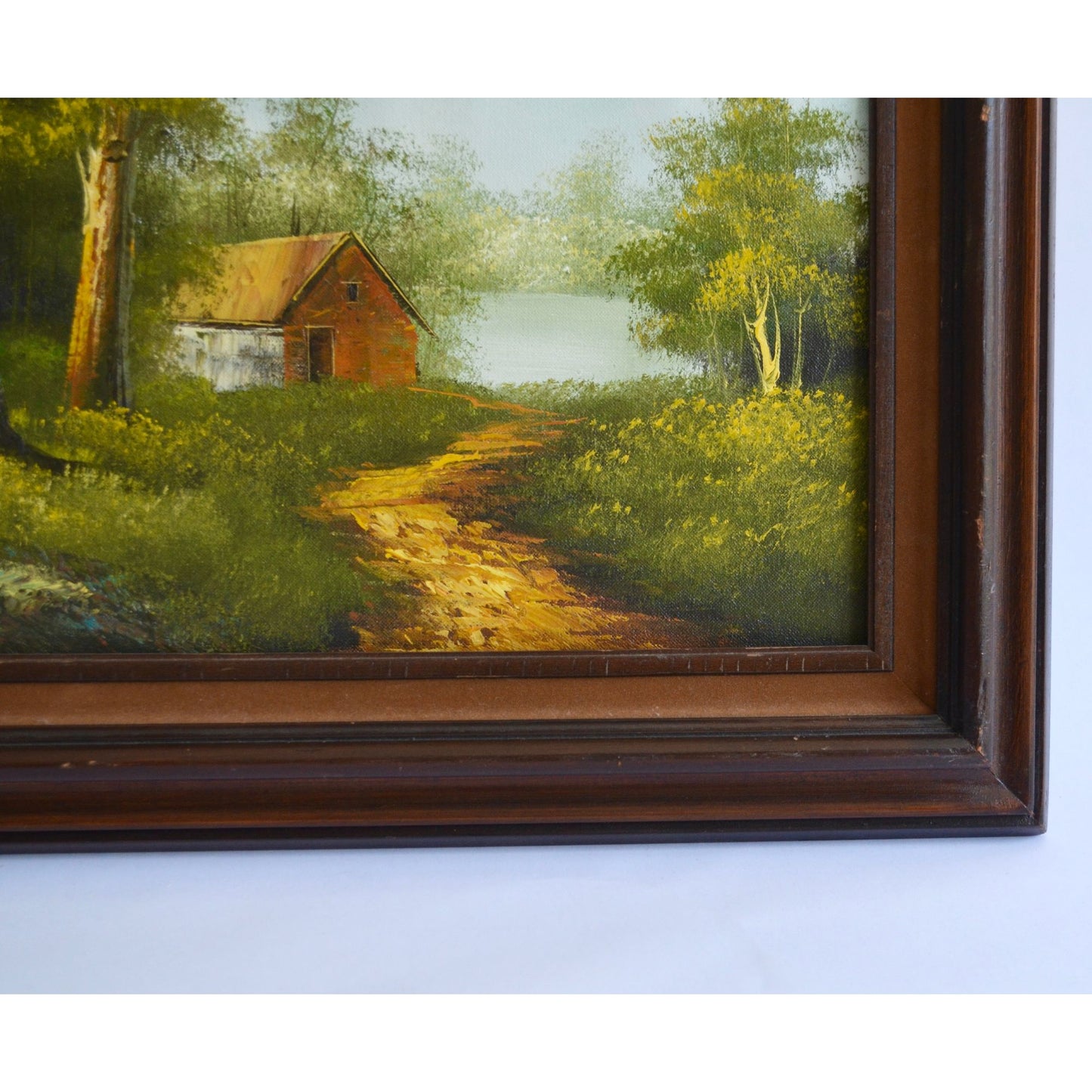 Vintage Handpainted Rustic Woodsy Cabin House Road Trail Lake Oil Painting Signed