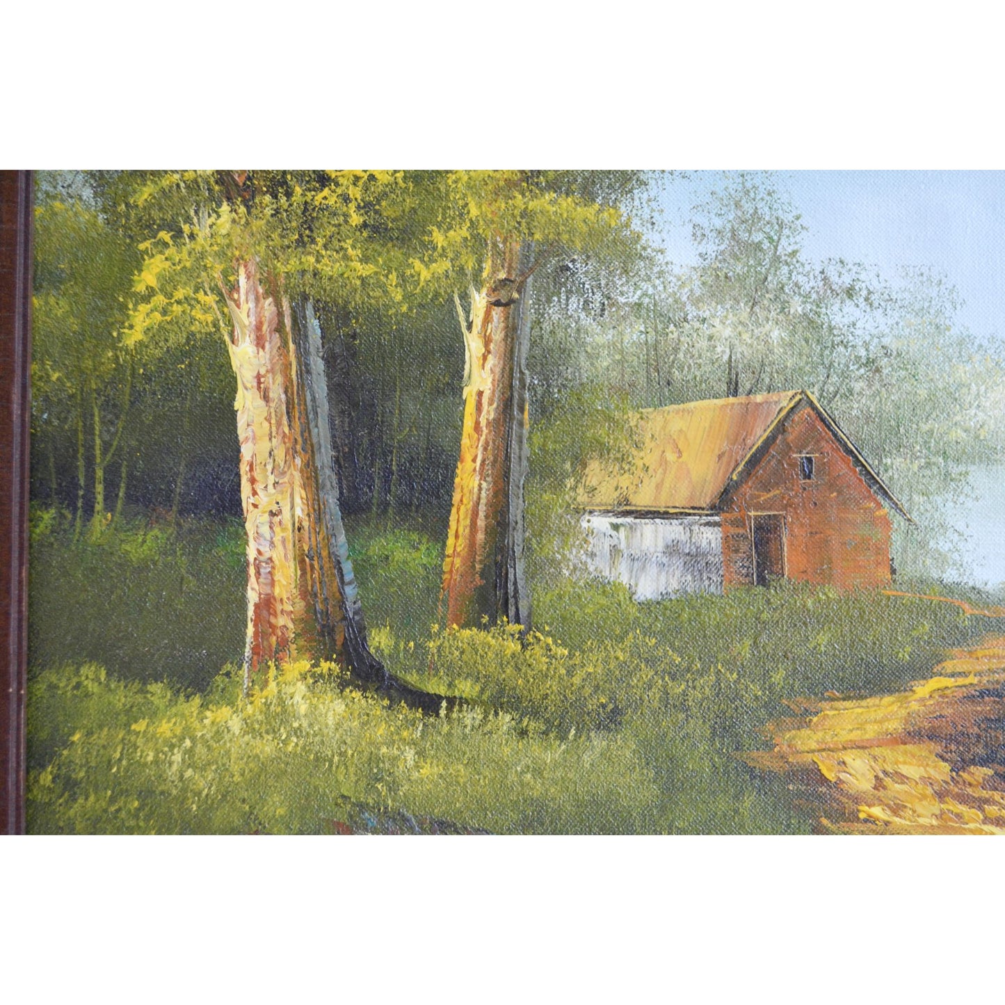 Vintage Handpainted Rustic Woodsy Cabin House Road Trail Lake Oil Painting Signed