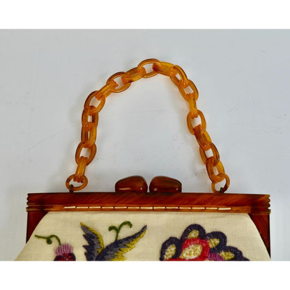 Beautiful Vintage Crewel Embroidered Lucite Bakelite Chain Handle Purse