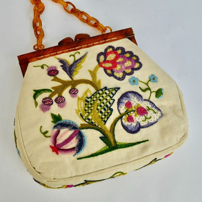 Beautiful Vintage Crewel Embroidered Lucite Bakelite Chain Handle Purse