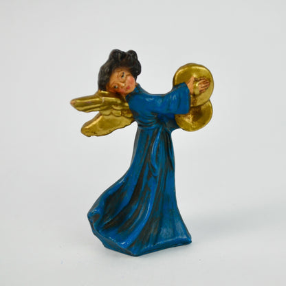 Vintage Hand-Painted Italian Angel Figurine With Cymbals Gold & Blue 3.5"