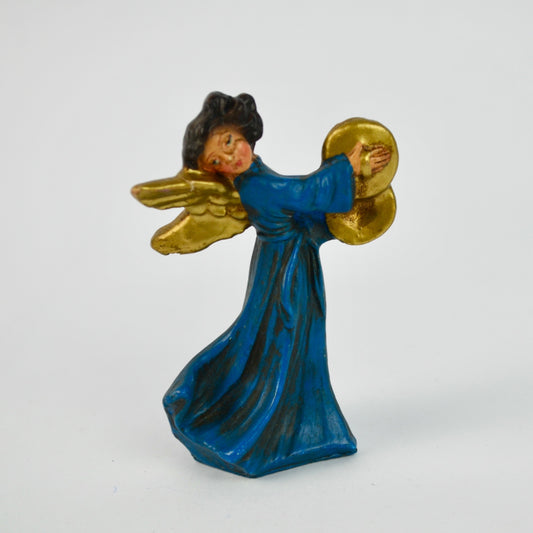 Vintage Hand-Painted Italian Angel Figurine With Cymbals Gold & Blue 3.5"
