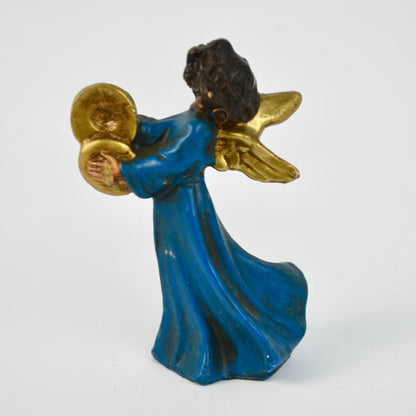 Vintage Hand-Painted Italian Angel Figurine With Cymbals Gold & Blue 3.5"