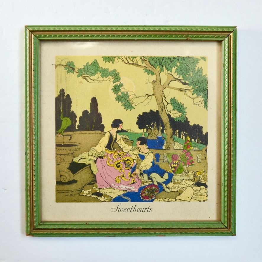 George Barbier ? Sweethearts Print Vintage Framed w/ Glass
