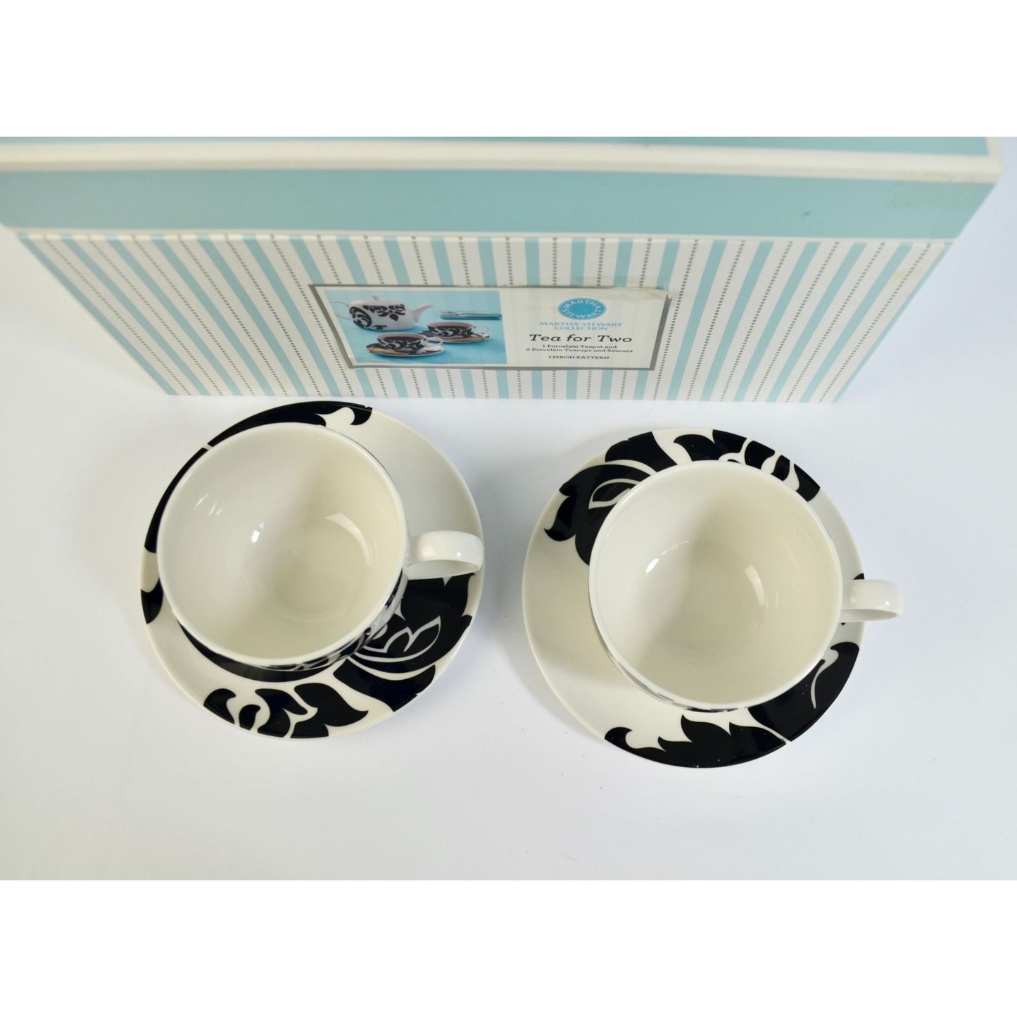 Martha Stewart Tea for Two Lisbon Black White Teapot Saucers Teacups NEW