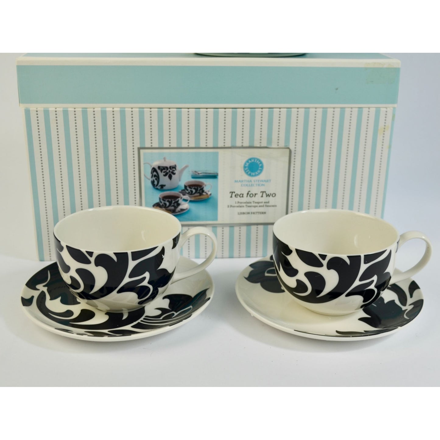Martha Stewart Tea for Two Lisbon Black White Teapot Saucers Teacups NEW