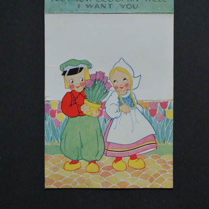 Dutch Boy Girl My Valentine Vintage Card Folding