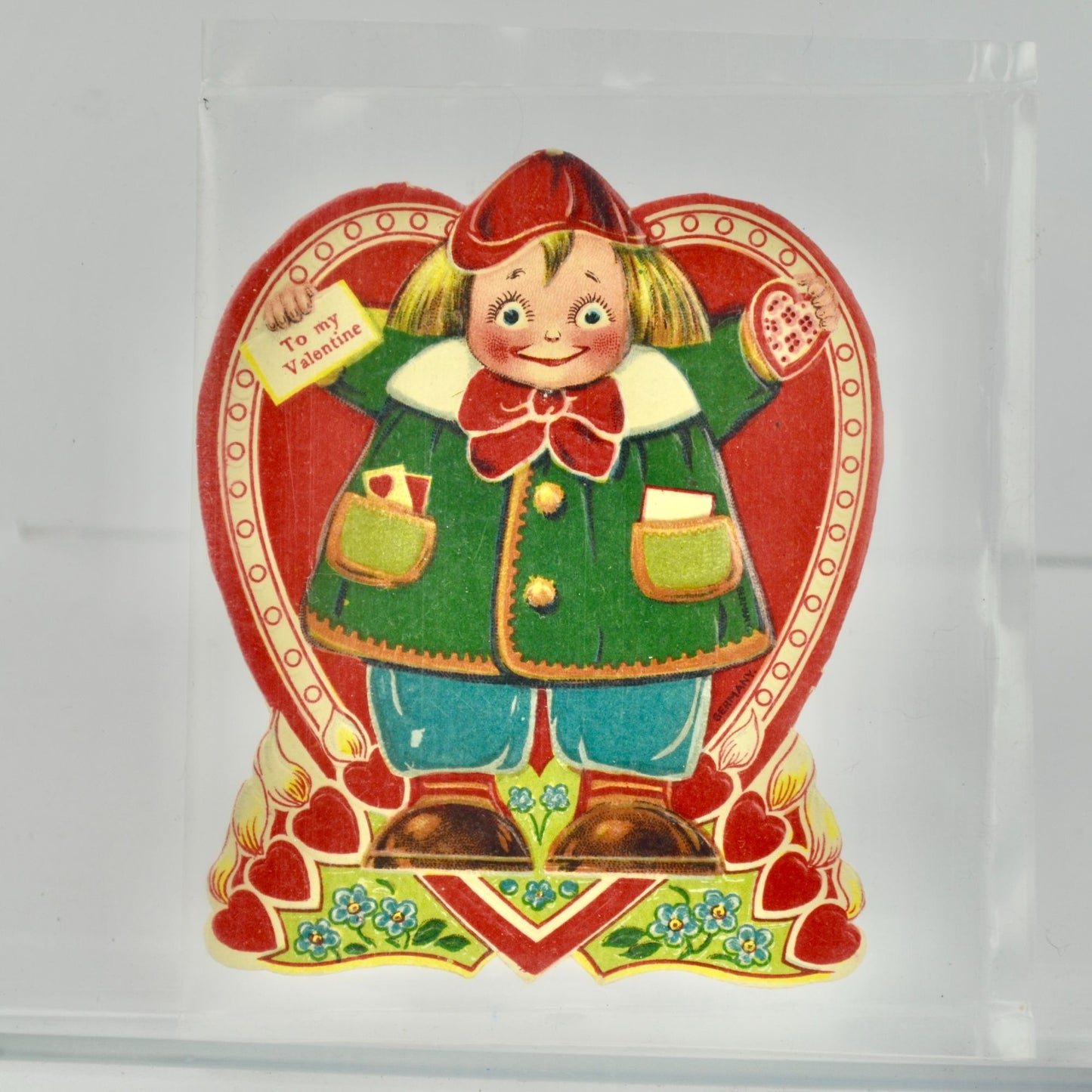 Vintage Valentine's Day Card To My Valentine Girl Green Coat Blue Flowers