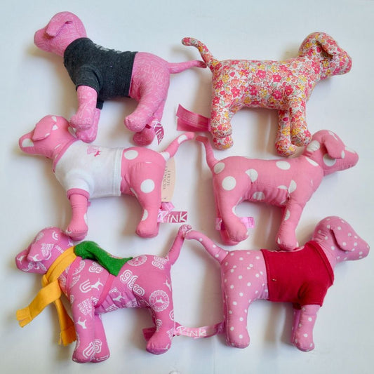 Victoria’s Secret Pink Dog Plush Collection With Polka Dots Floral And Logo Prints Assorted Colors & Outfits Set Of 6 Collectibles