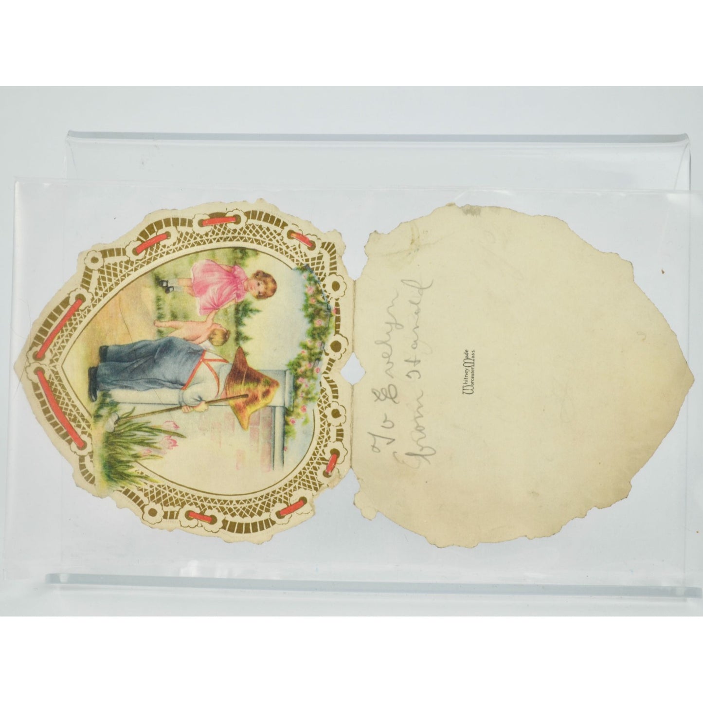 Vintage Valentine's Day Card Cupid Boy Girl Gardening