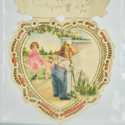 Vintage Valentine's Day Card Cupid Boy Girl Gardening