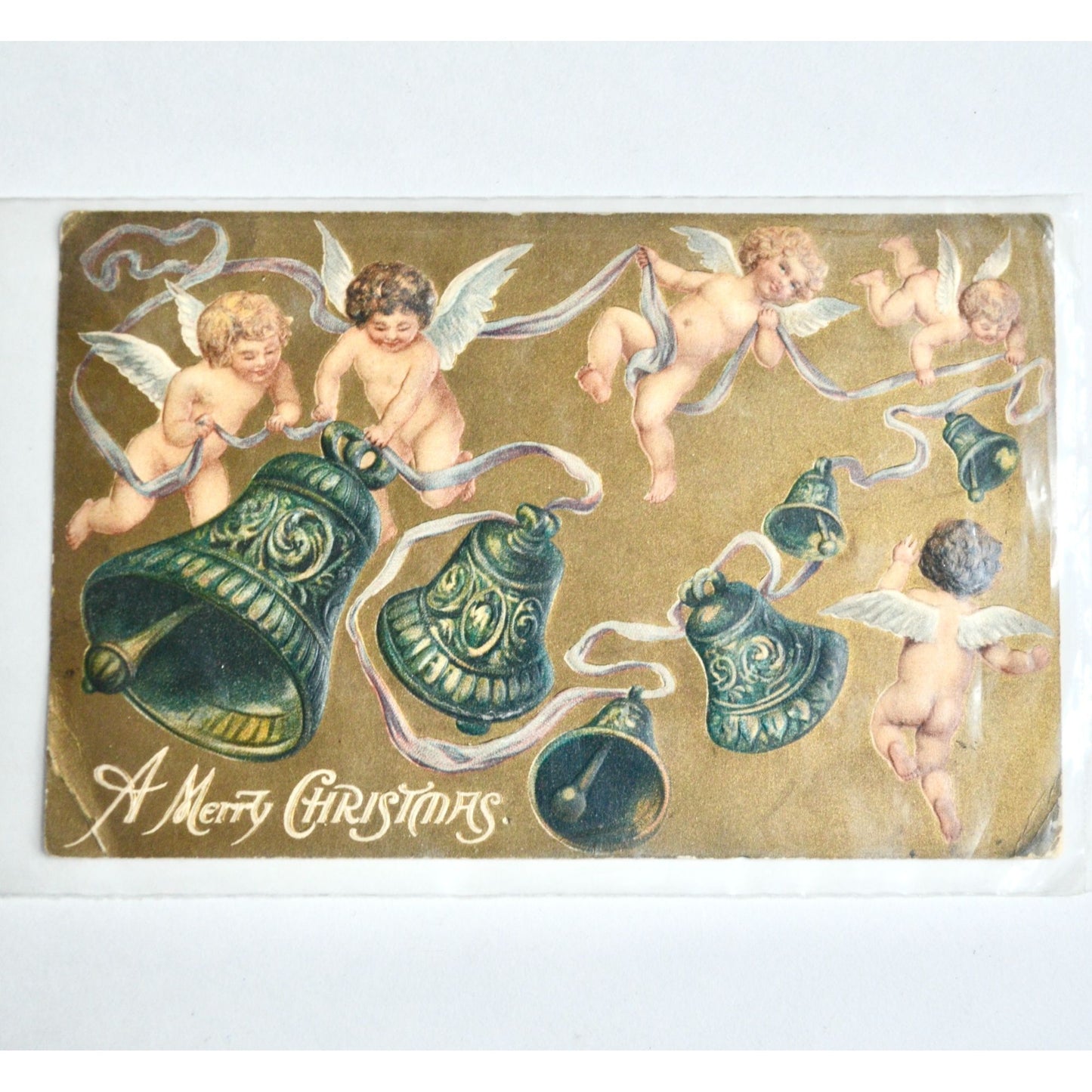Early 1900s Antique A Merry Christmas Postcard Cherubs Bells