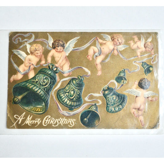 Early 1900s Antique A Merry Christmas Postcard Cherubs Bells