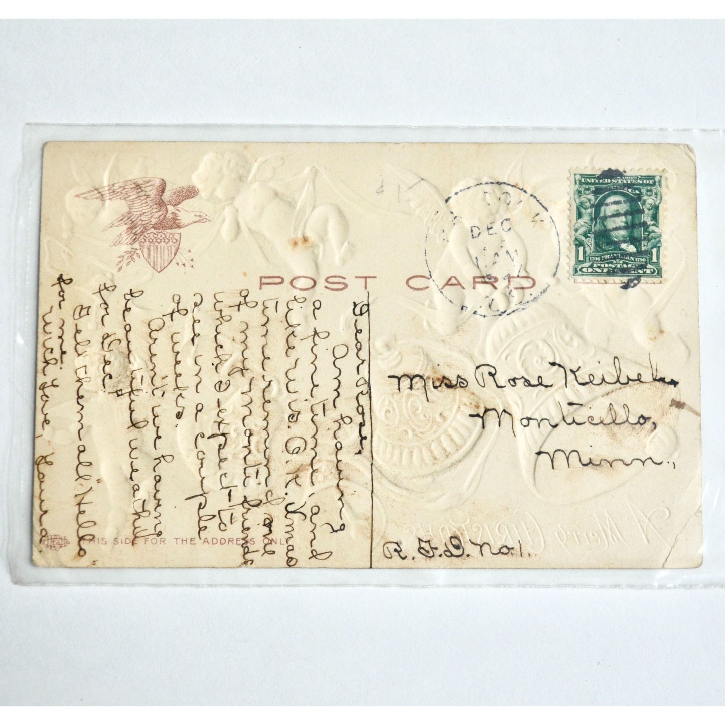 Early 1900s Antique A Merry Christmas Postcard Cherubs Bells