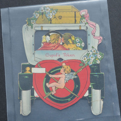 Vintage Valentine's Card Car Cupid's Token Kissing