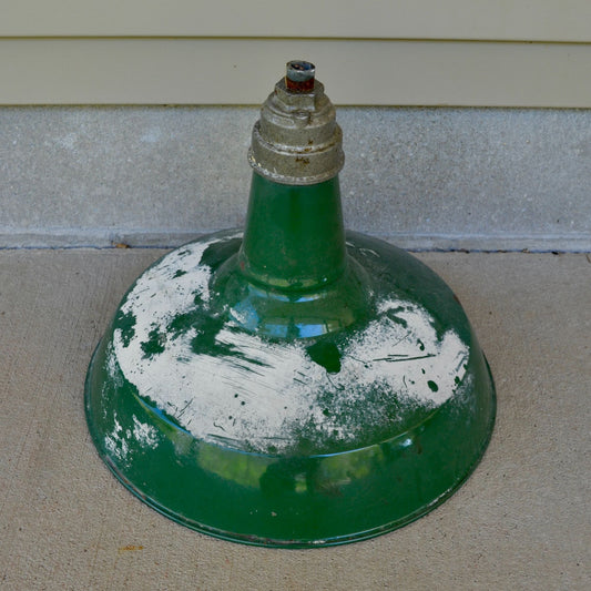 Vintage Green Porcelain Enamel Barn Light Shade Gas Station Fixture 16"