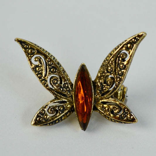 Vintage Butterfly Brooch Gold Toned Brown Rhinestone