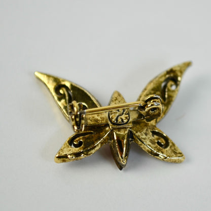 Vintage Butterfly Brooch Gold Toned Brown Rhinestone