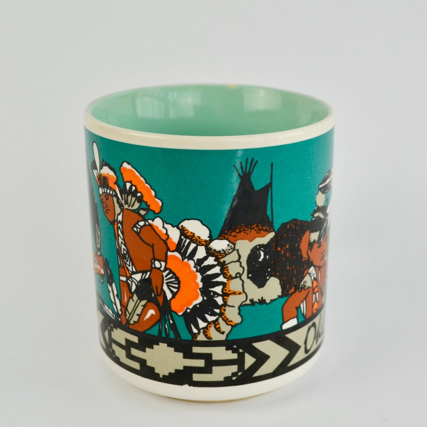 Vintage Oklahoma American Indian Coffee Mug Teal Blue