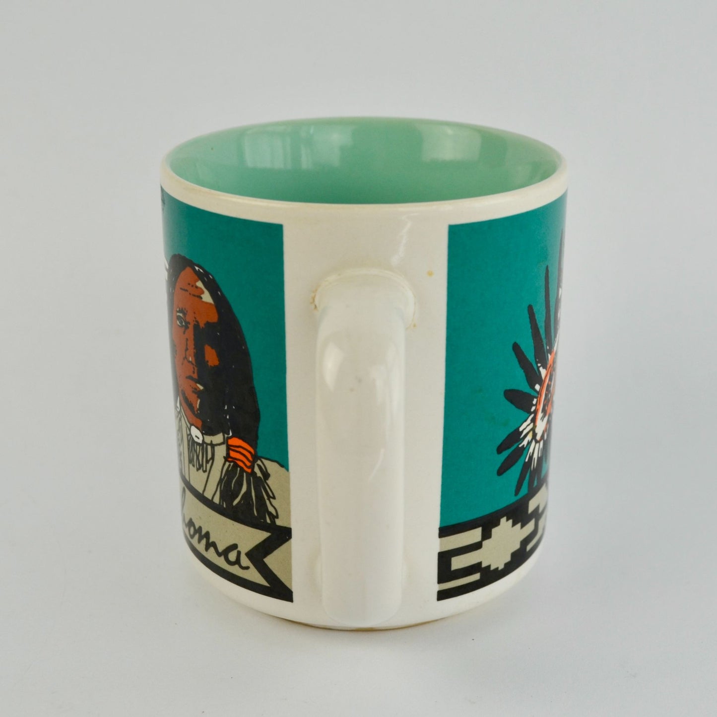 Vintage Oklahoma American Indian Coffee Mug Teal Blue