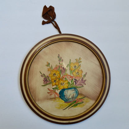 Vintage Round Still Life Painting Flowers in Vase Hand Painted Lacquered
