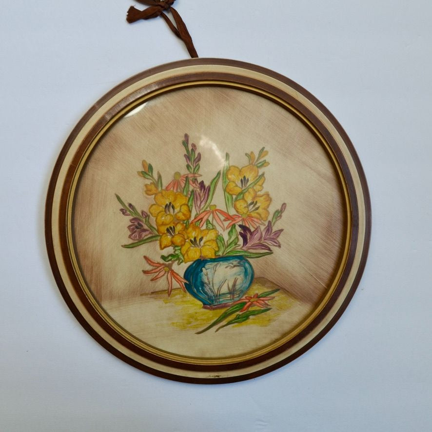 Vintage Round Still Life Painting Flowers in Vase Hand Painted Lacquered