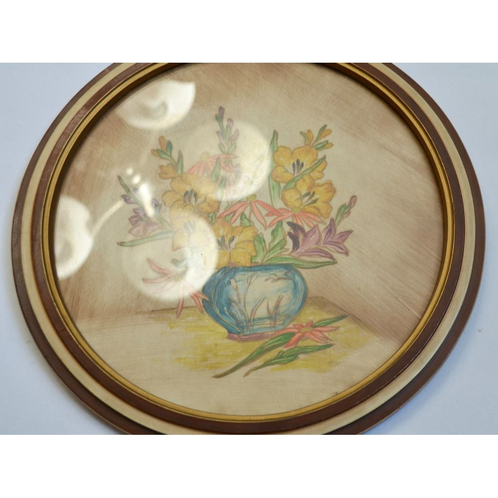 Vintage Round Still Life Painting Flowers in Vase Hand Painted Lacquered