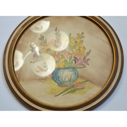Vintage Round Still Life Painting Flowers in Vase Hand Painted Lacquered