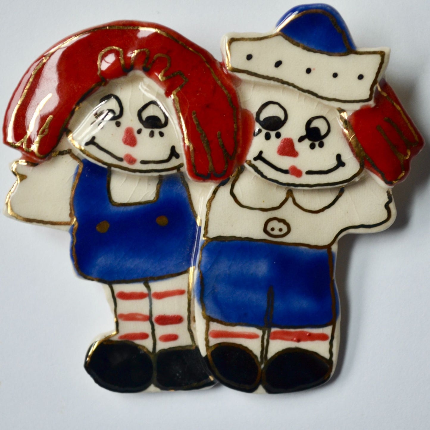 Raggedy Ann Andy Handmade Clay Brooch Vintage