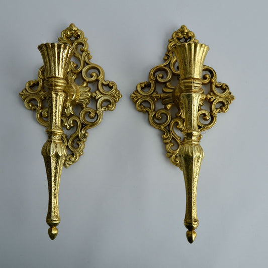 Pair Vintage Brass Wall Sconce Candle Holders Ornate Hollywood Regency Gold