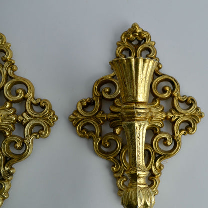 Pair Vintage Brass Wall Sconce Candle Holders Ornate Hollywood Regency Gold