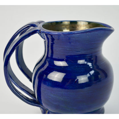 Handmade Amateur Pottery Cobalt Blue Pitcher Triple Handle Signed