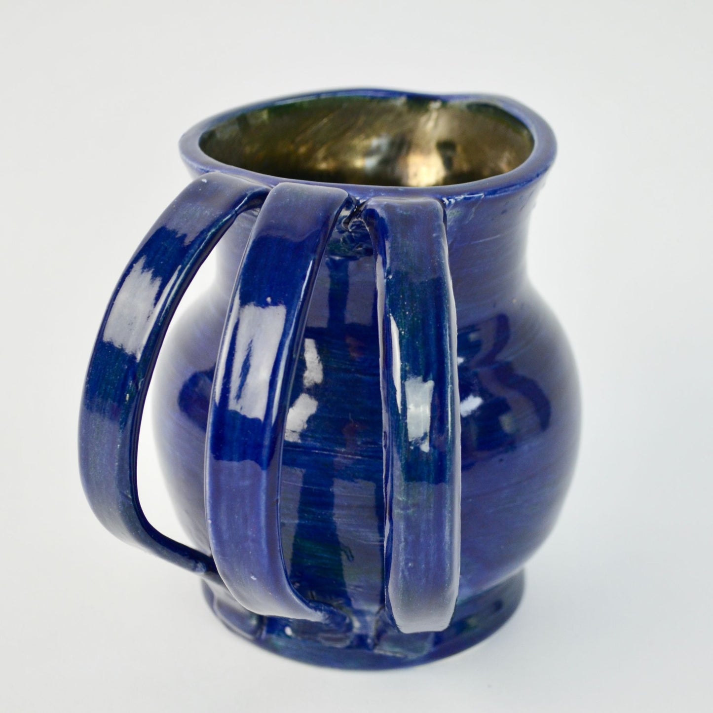 Handmade Amateur Pottery Cobalt Blue Pitcher Triple Handle Signed