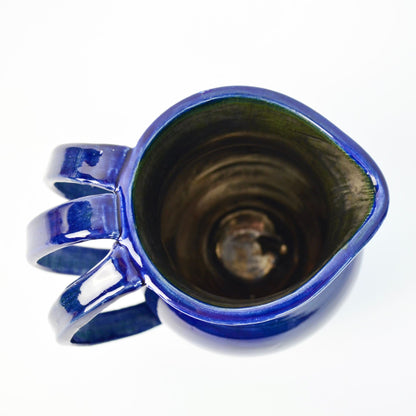 Handmade Amateur Pottery Cobalt Blue Pitcher Triple Handle Signed