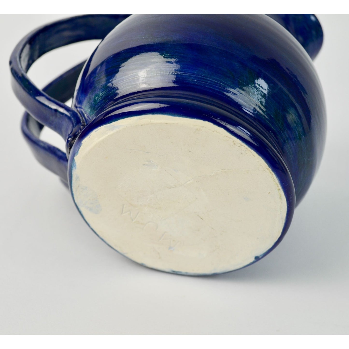 Handmade Amateur Pottery Cobalt Blue Pitcher Triple Handle Signed