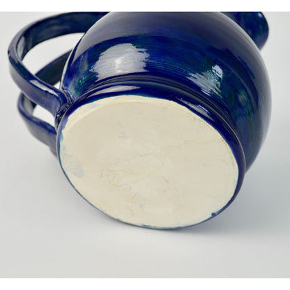 Handmade Amateur Pottery Cobalt Blue Pitcher Triple Handle Signed