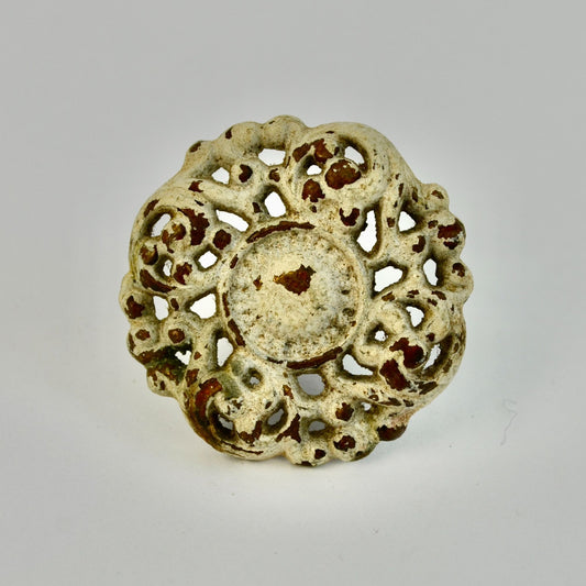 Vintage Brass Round Floral Drawer Pull Handle Painted White Antique