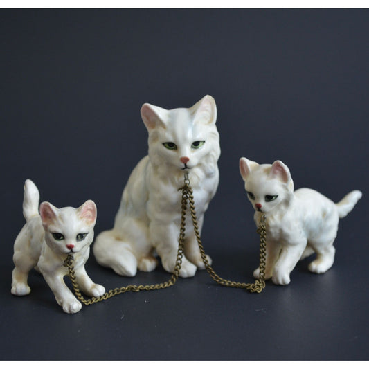 Vintage White Cat Kittens Chained Ceramic Figurines Japan
