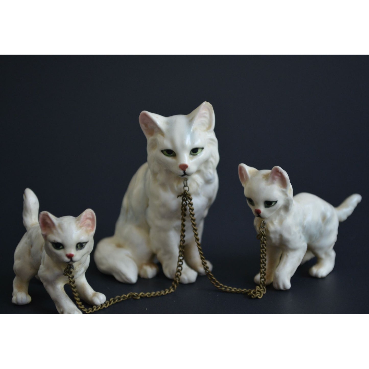 Vintage White Cat Kittens Chained Ceramic Figurines Japan