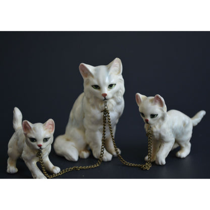 Vintage White Cat Kittens Chained Ceramic Figurines Japan