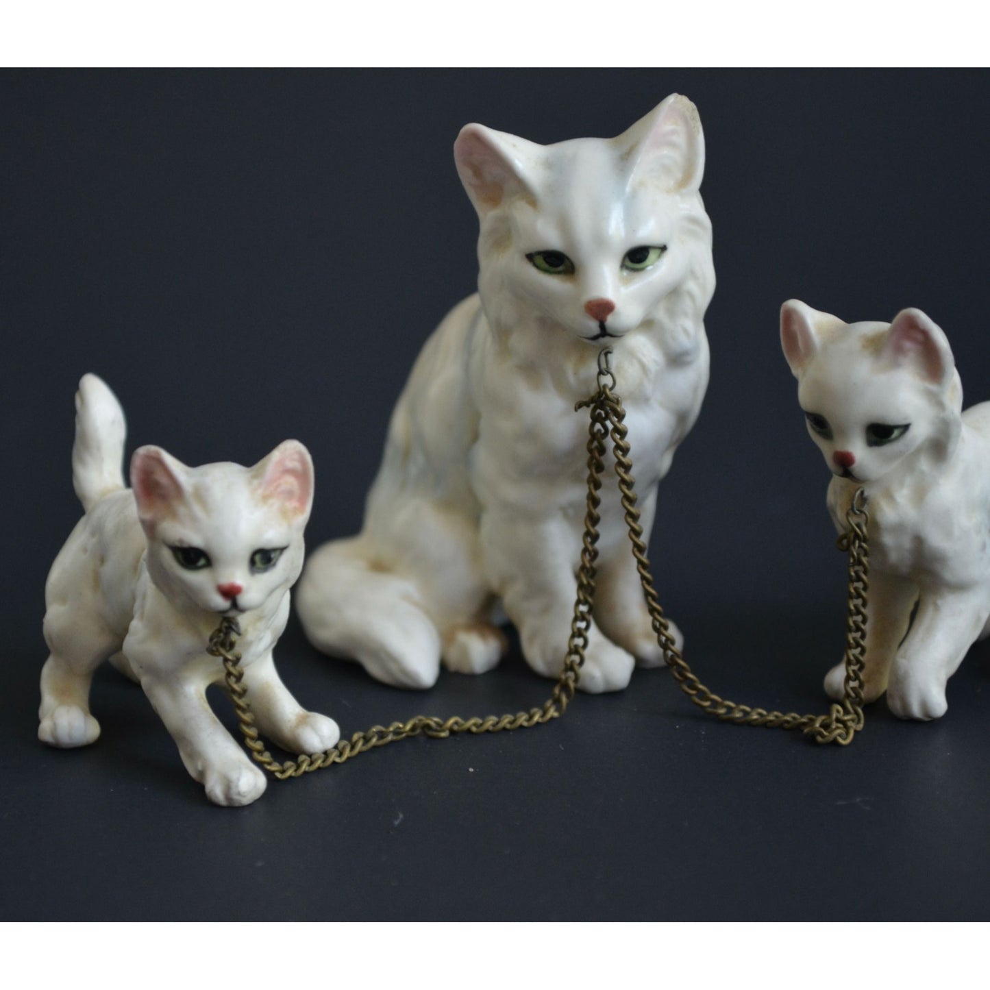 Vintage White Cat Kittens Chained Ceramic Figurines Japan