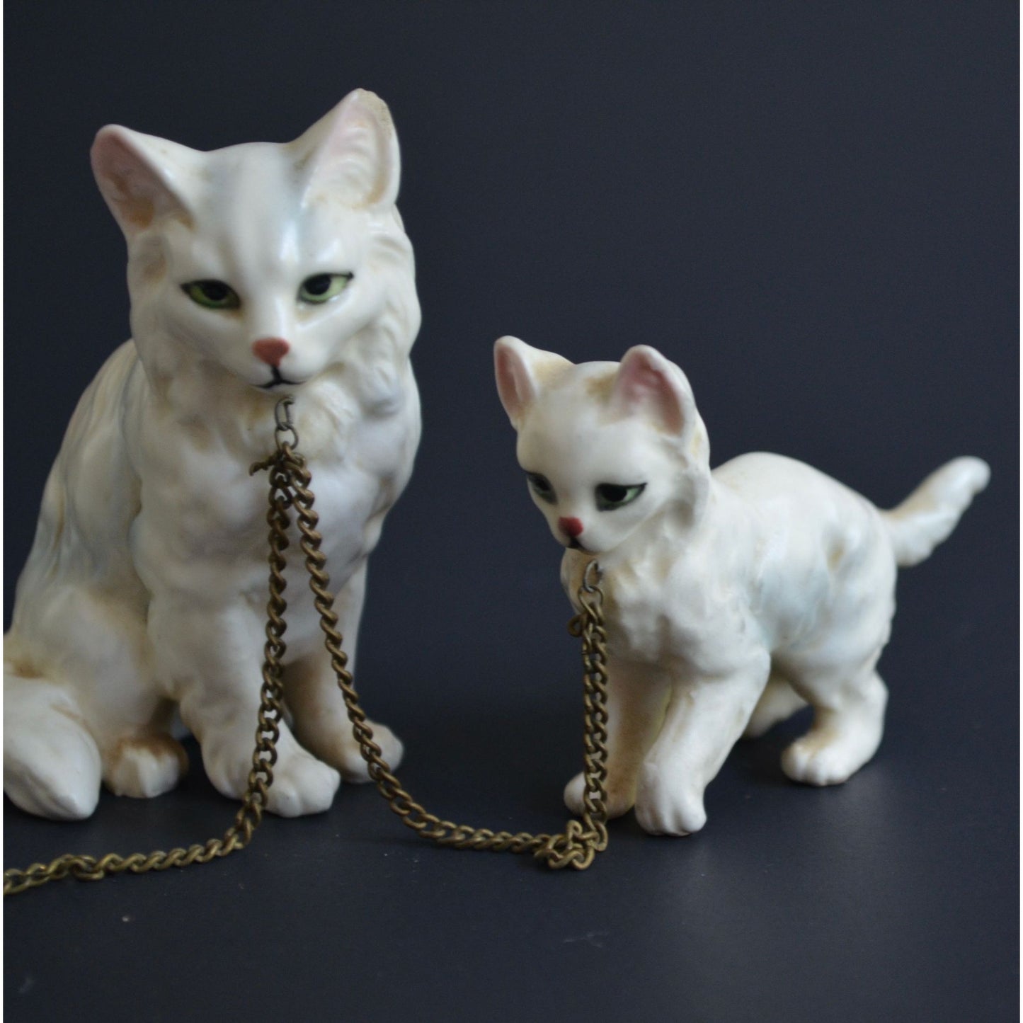 Vintage White Cat Kittens Chained Ceramic Figurines Japan